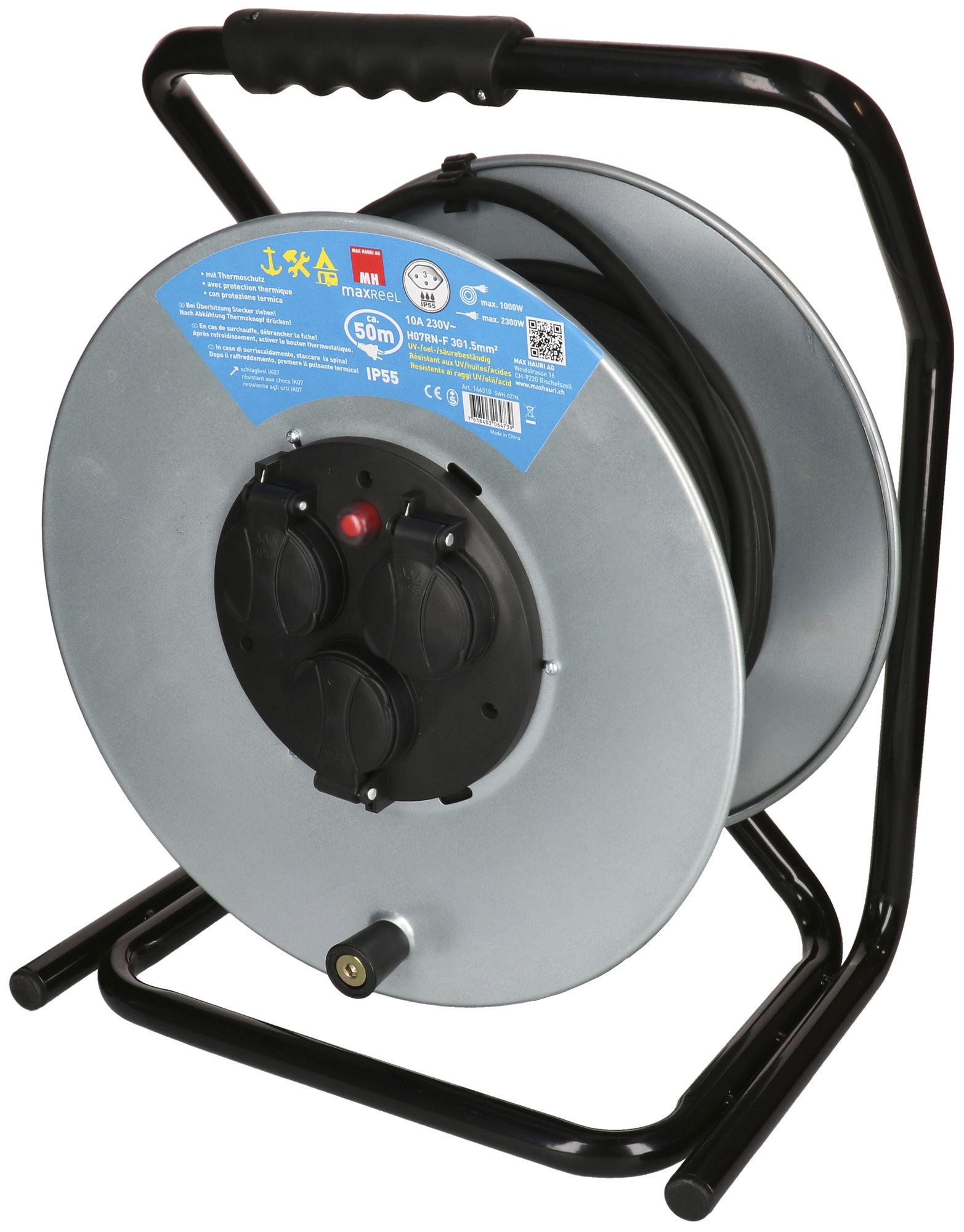 Enrouleur de câble MAX HAURI acier 230V 10A 3×T13 50m 3×1.5mm² IP55 argent