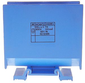 Borne de dérivation Woertz Ex 70…120mm² 269A 800V vis 2×1 rail DIN 35mm bleu