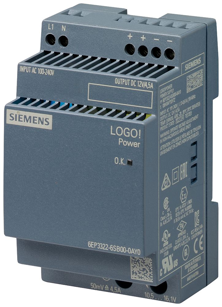 Stromversorgung Siemens LOGO!POWER, IN:100…240VAC, OUT:12VDC/4.5A, 3TE