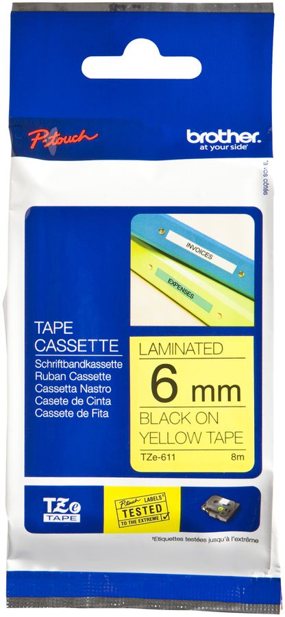 Cassette ruban Brother TZe 6mm×8m, jaune/noir