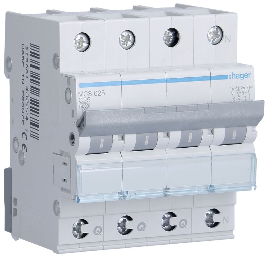 Leitungsschutzschalter Hager MCB quickconnect 4P 415V Typ C 25A Icn 6kA 4TE