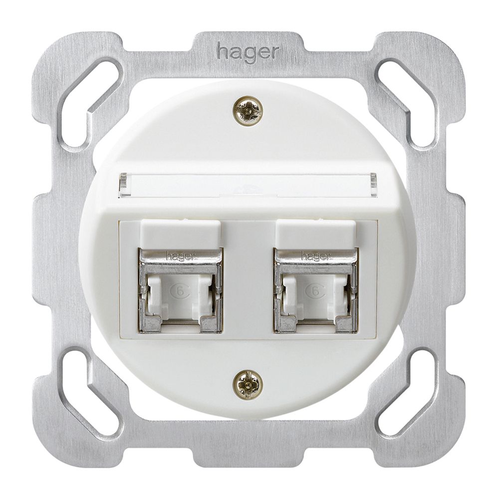 UP-Einsatz basico B Kat.6 2×RJ45/s mit Befestigungsplatte Schrägauslass weiss