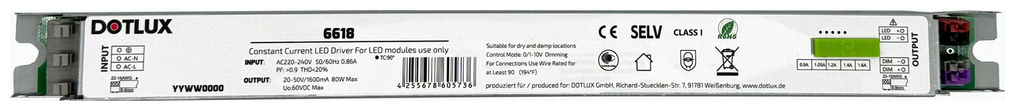 Alimentation LED DOTLUX 80W 20…50V 900…1600mA 1-10V 360×30×26mm