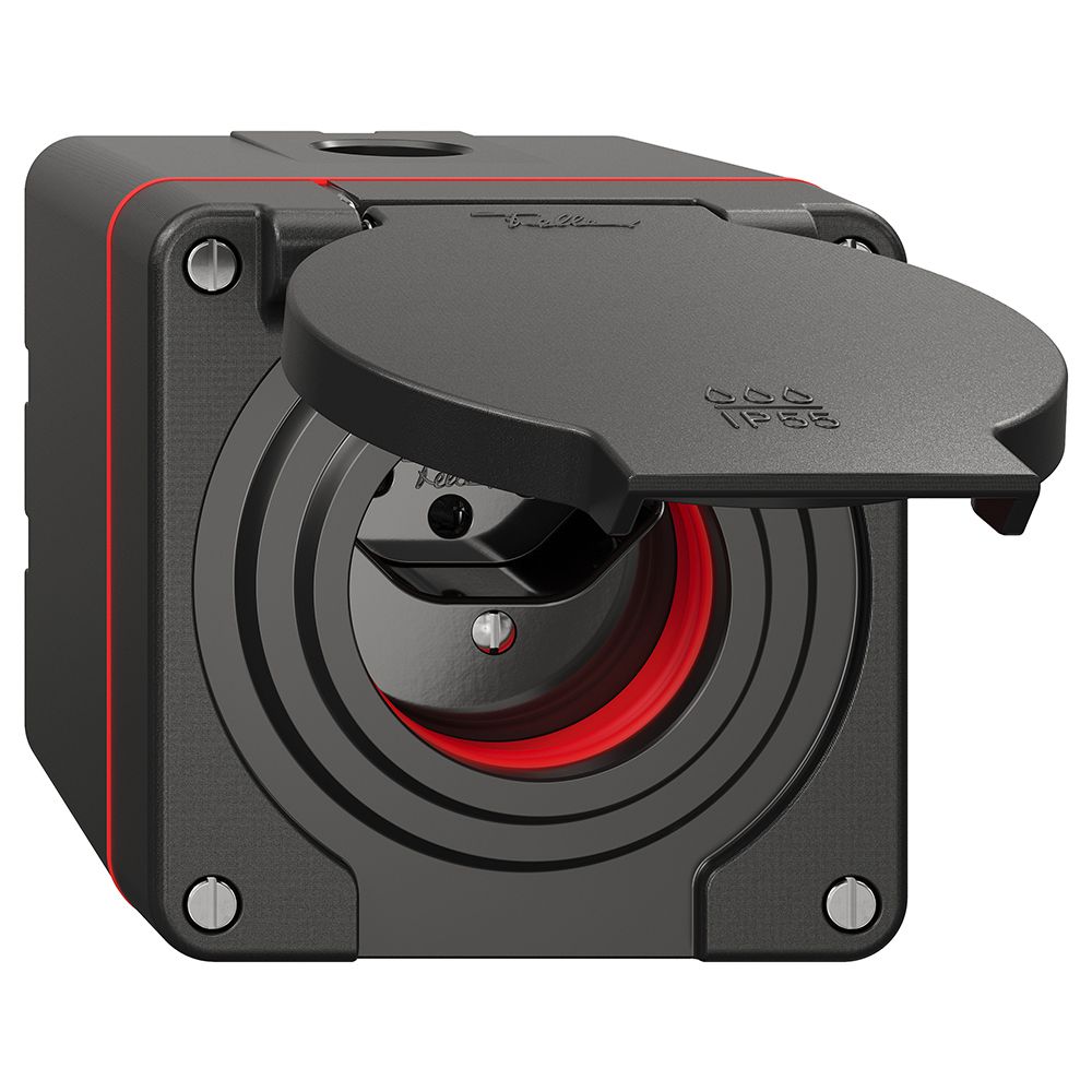 NAP-Steckdose NEVO, 1×T13, IP55 gemäss SN 441011, m.roter Dichtung, schwarz