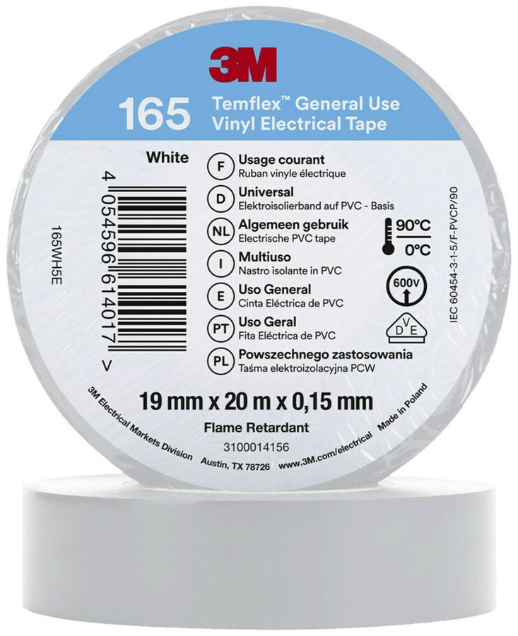 Ruban isolant 3M Temflex 165 19mm×20m×0.15mm blanc VDE 600V 0…90°C