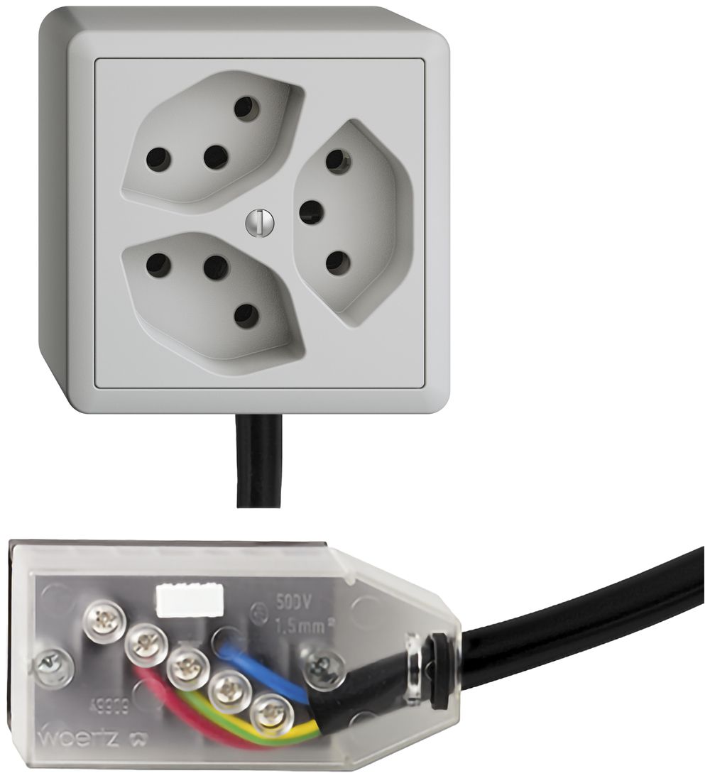 AP-Steckdose EDIZIOdue 3×T13 L3 Snap hellgrau für Flachkabel Technofil