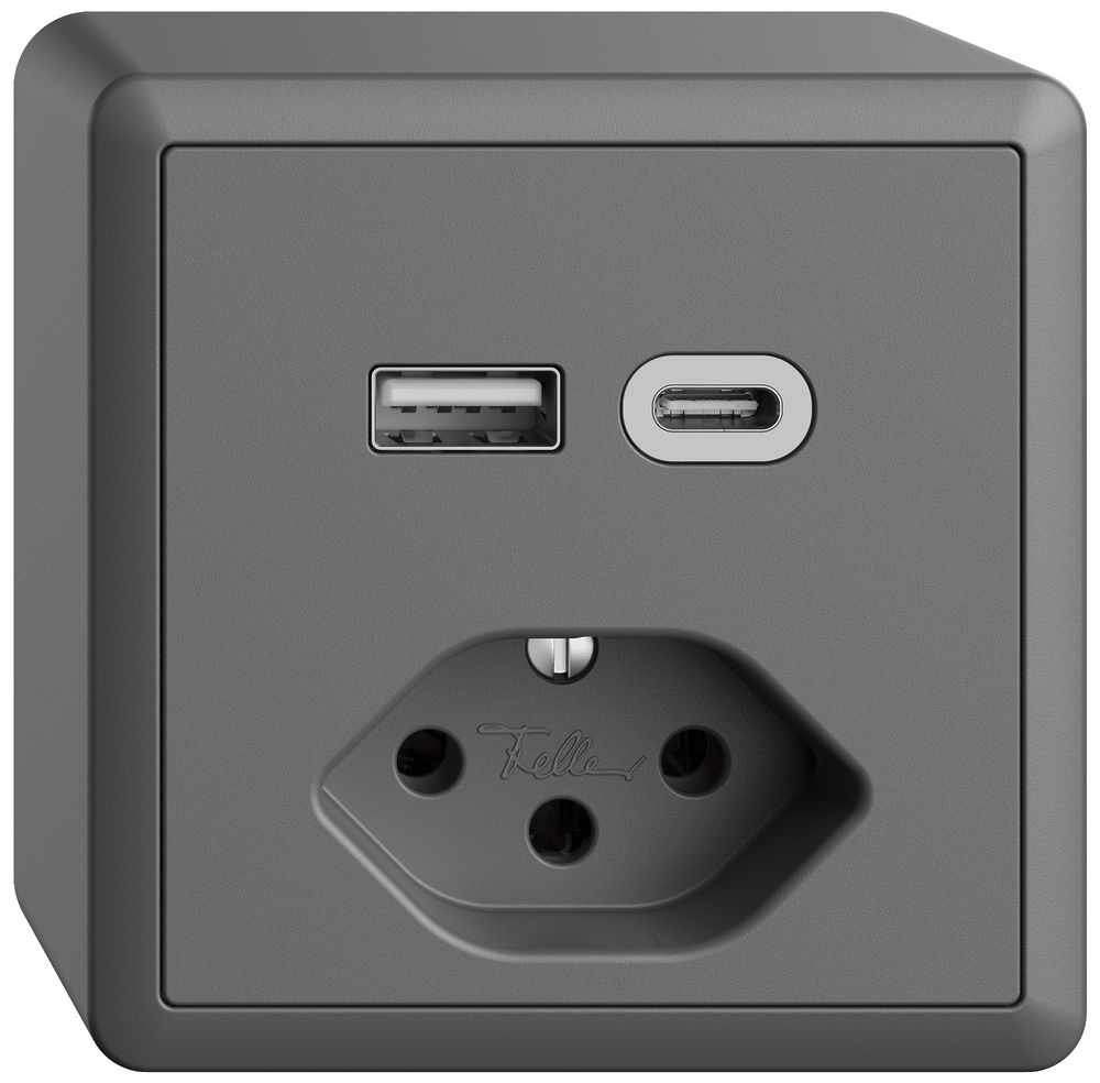 AP-Steckdose USB Typ A+C + Typ 13 Feller EDIZIOdue FX54 230V 3000mA dunkelgrau
