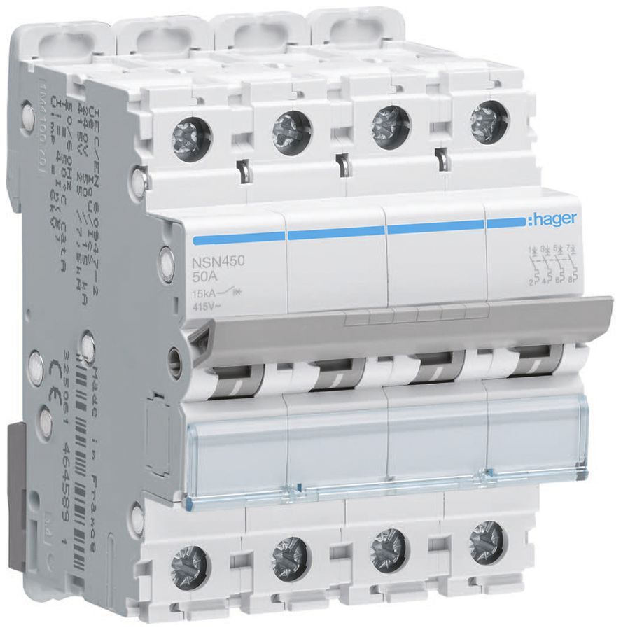Leitungsschutzschalter Hager MCB 4P 415V Typ D 50A Icu 25kA 4TE
