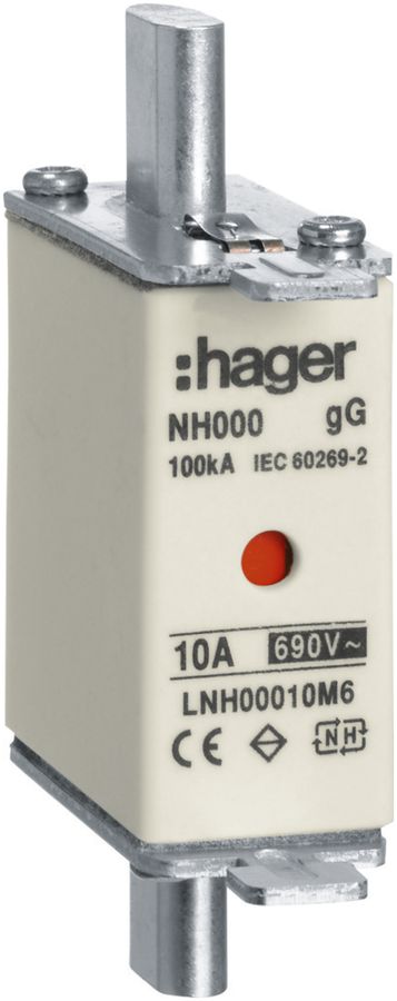 Fusible HPC Hager DIN000 690VAC 10A gG/gL avertisseur double inoxydable