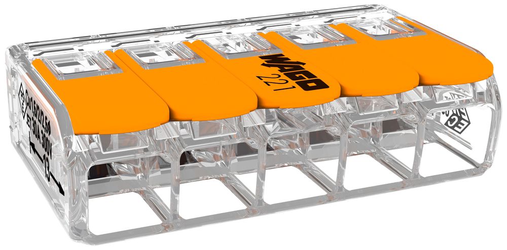 Borne de connexion WAGO 221 5×0.5…6mm² levier 32A 450V orange transparent