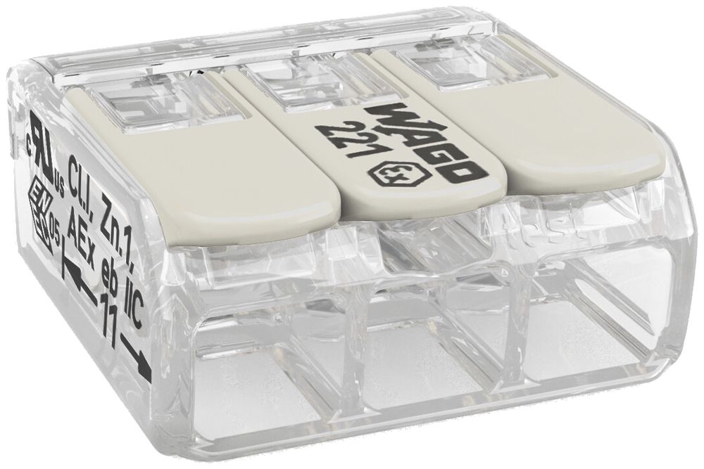 Borne de connexion WAGO 221 3×0.2…4mm² levier 24.5A 440V gris transparent