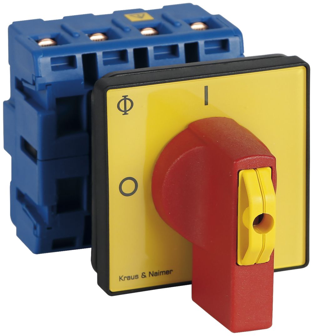 Interrupteur sectionneur INC 4P p.mont.front., 63A, 0-1, jn, 64×64mm, verr.ro/jn