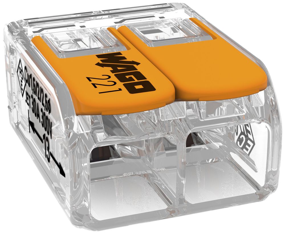 Borne de connexion WAGO 221 2×0.5…6mm² levier 41A 450V orange transparent