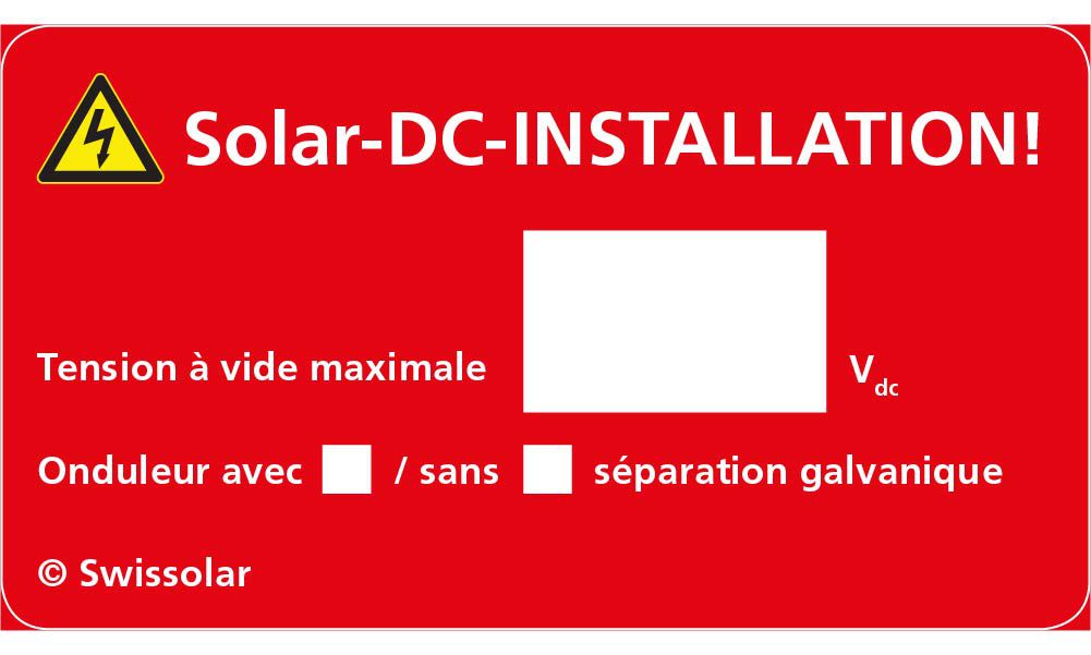 Autocollant avert. Swissolar "Solar DC INSTALLATION" français