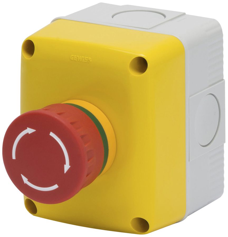 Bouton arrêt d'urgence AP GEWISS 1F/1O déverrouillage tournant IP66 rouge/jaune