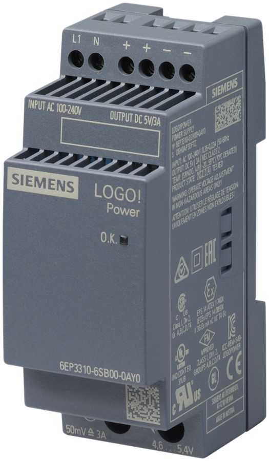 Alimentation Siemens LOGO!POWER, IN:100…240VAC, OUT:5VDC/3A, 2UM
