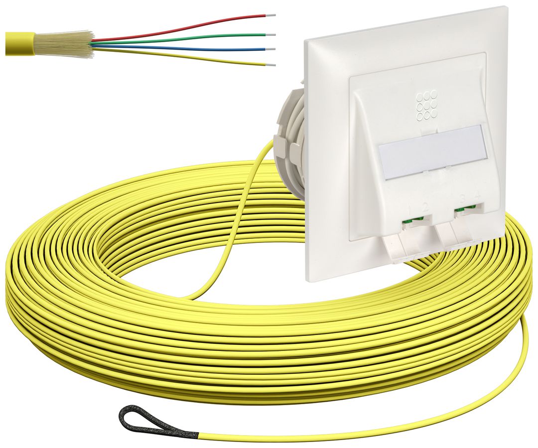 FTTH-Kabelabrollbox UP-Kit, 2×LC-DX, 2.3mm, 60m, gelb, dca