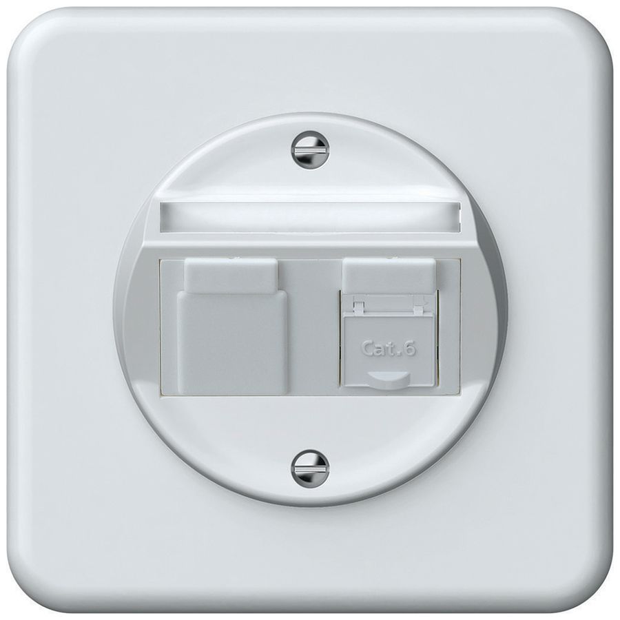 UP-Anschlussdose origin RJ45 8(8) Kat.6 schräg 92×92mm weiss