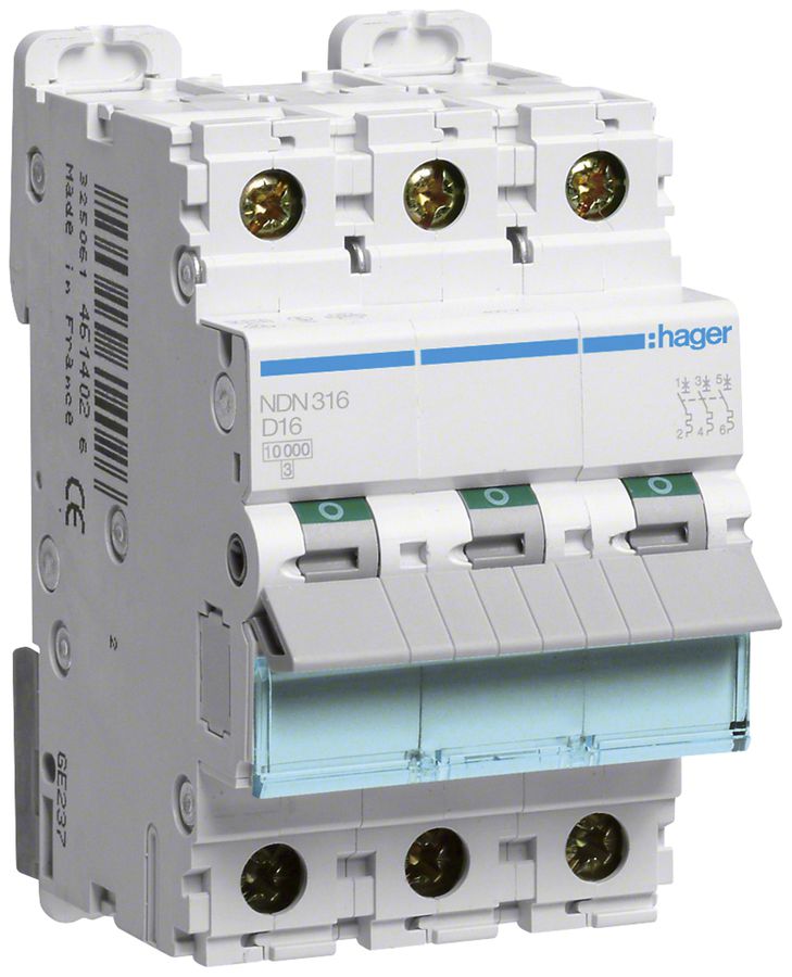 Leitungsschutzschalter Hager MCB 3P 415V Typ D 16A Icn 10kA Icu 15kA 3TE