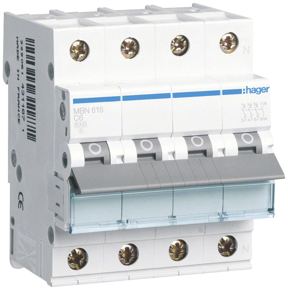 Leitungsschutzschalter Hager MCB 4P 415V Typ B 16A Icn 6kA 4TE