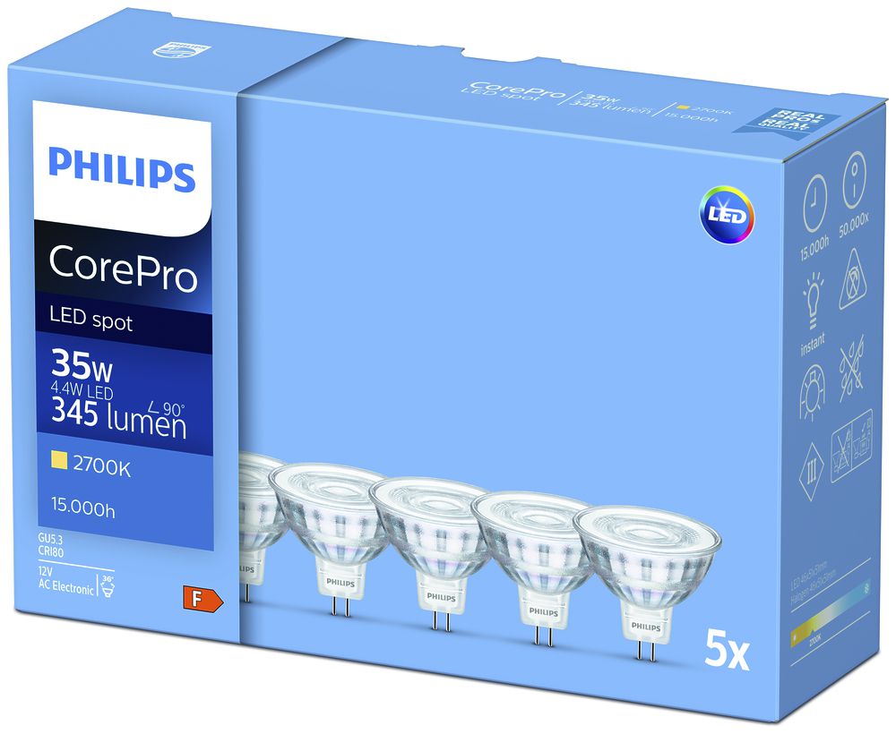 Lampada LED CorePro LEDspot Classic GU5,3 36D 4.4…35W 827, 5pezzi