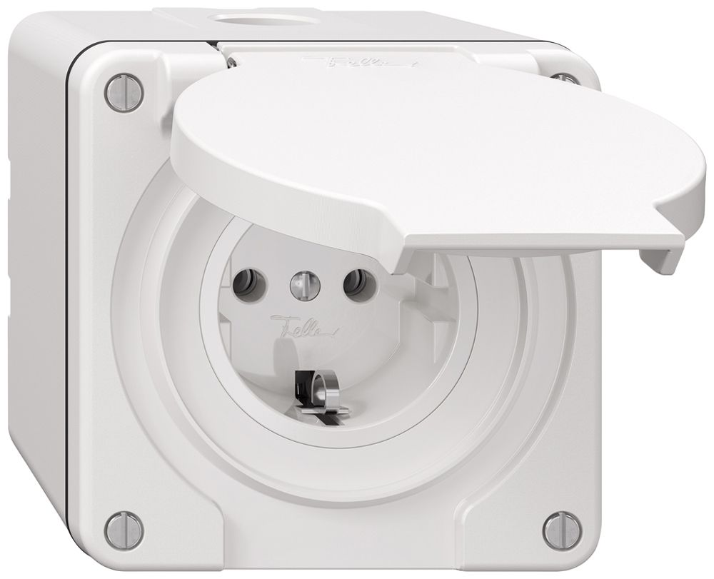 Prise AP Feller IP21 Schuko 16A 230V 87×87mm blanc