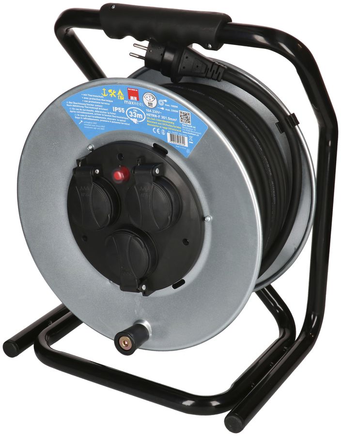 Enrouleur de câble MAX HAURI acier 230V 10A 3×T13 33m 3×1.5mm² IP55 argent