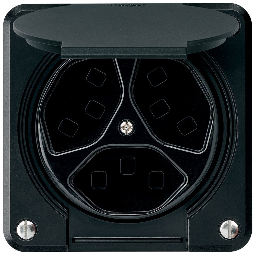 Steckdose Hager robusto, 3×T23, mit Klappdeckel A, schwarz