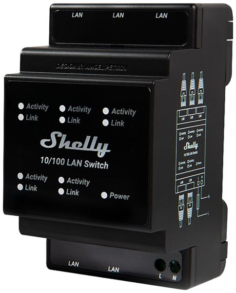 Switch AMD Shelly 10/100 LAN Switch 5×RJ45 FE 96×53×59mm 3UM