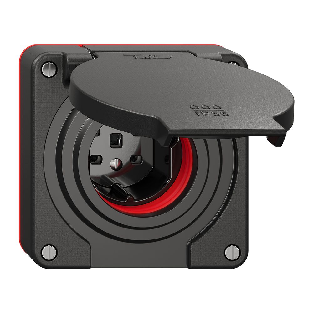 Steckdose NEVO N.CO 1×T25, IP55 gemäss SN 441011, m.roter Dichtung, schwarz