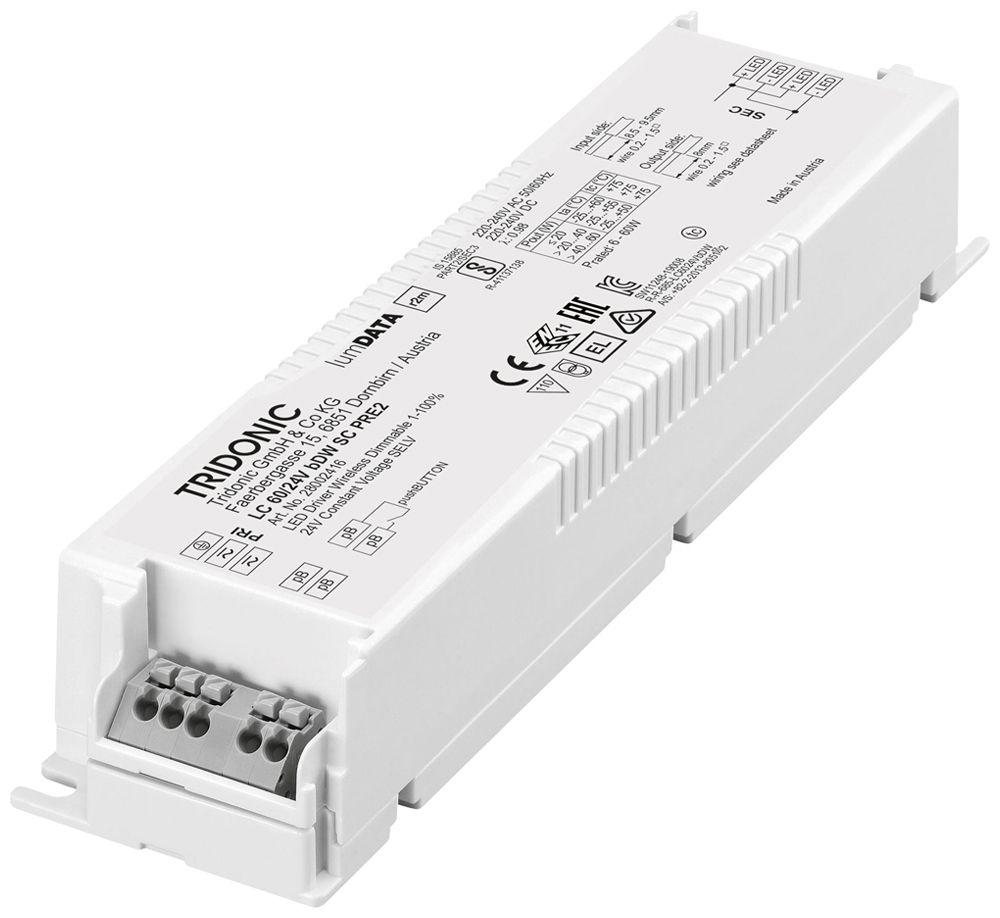 Alimentation LED Tridonic LC PRE2 Casambi 60W 24V 250…2500mA VAR 225×43×30mm