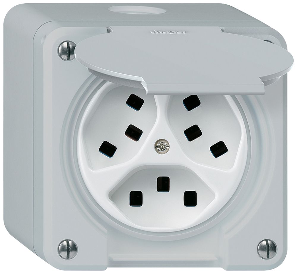 Presa AP Hager robusto, 3×T23, con coperchio Q, gris