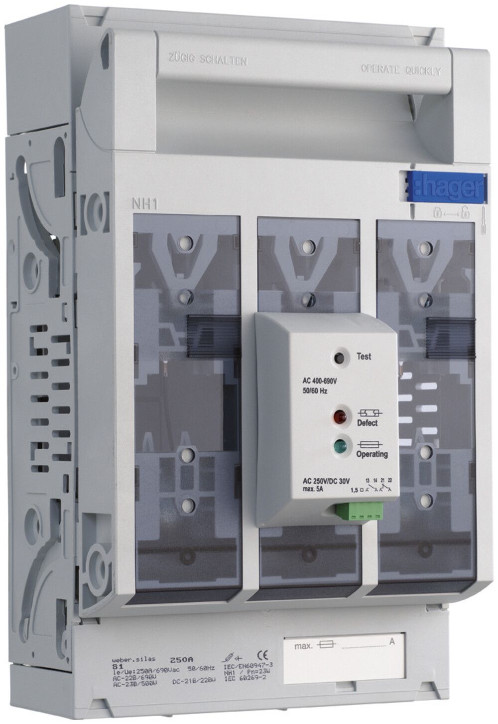 Sezionatore HPC weber.silas DIN1 690VAC 250A parete/profilo alto/basso cont.fus.