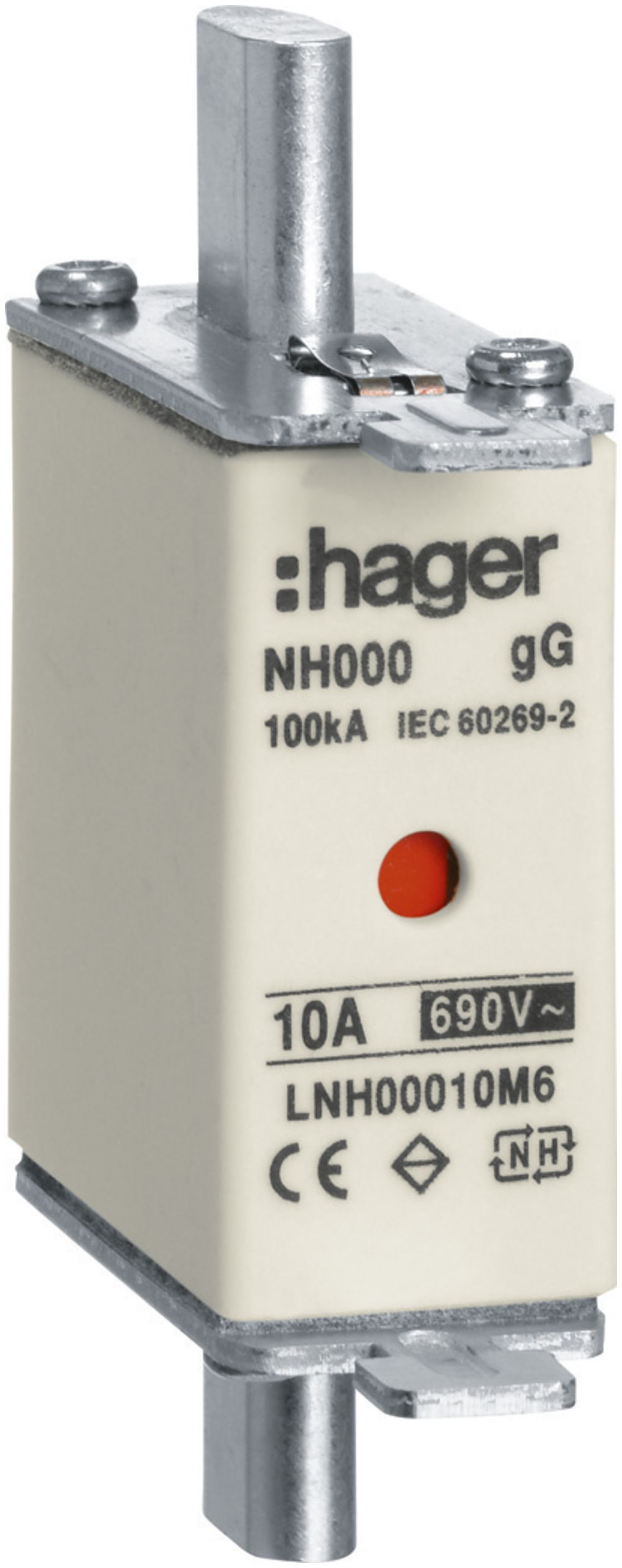 Fusible HPC Hager DIN000 690VAC 10A gG/gL avertisseur double inoxydable