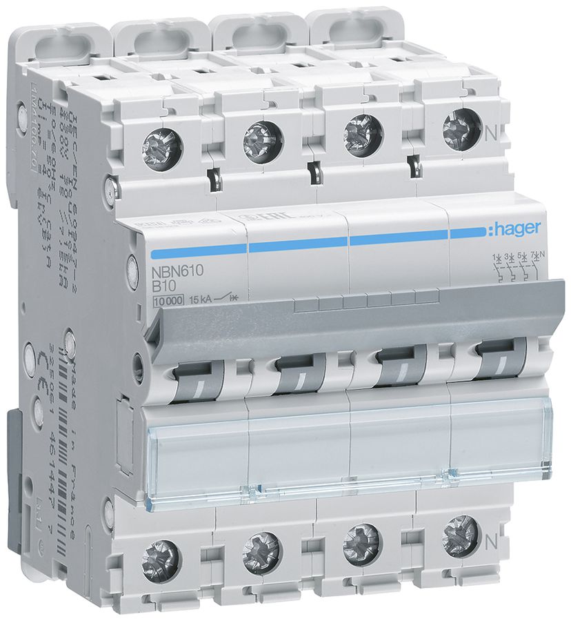 Leitungsschutzschalter Hager MCB 3P+N 415V Typ B 10A Icn 10kA Icu 15 kA 4TE