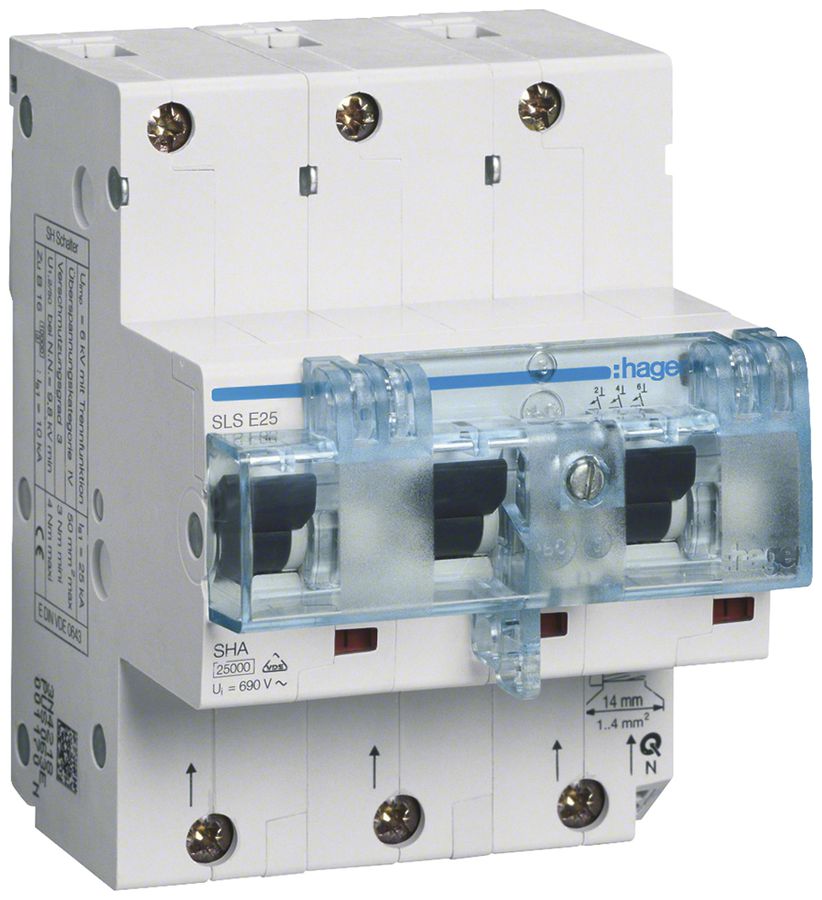 Disgiuntore Hager MCB 3P 230V caratteristica di intervento E 25A 25kA 2UM