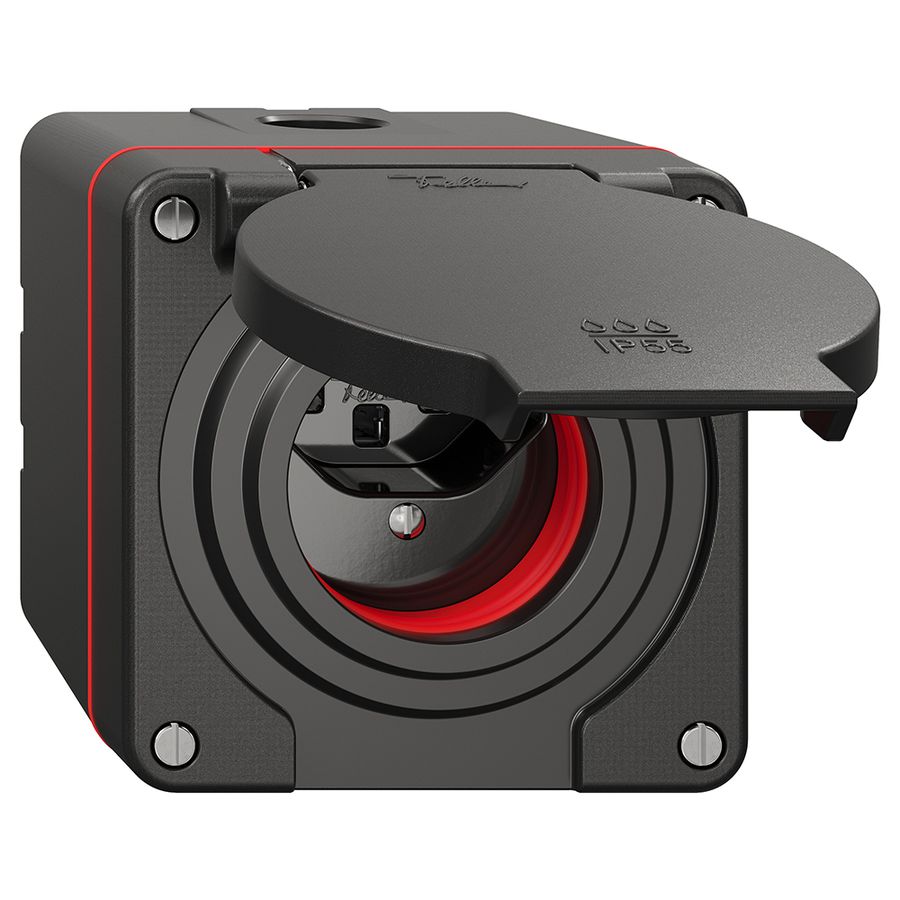 NAP-Steckdose NEVO, 1×T23, IP55 gemäss SN 441011, m.roter Dichtung, schwarz