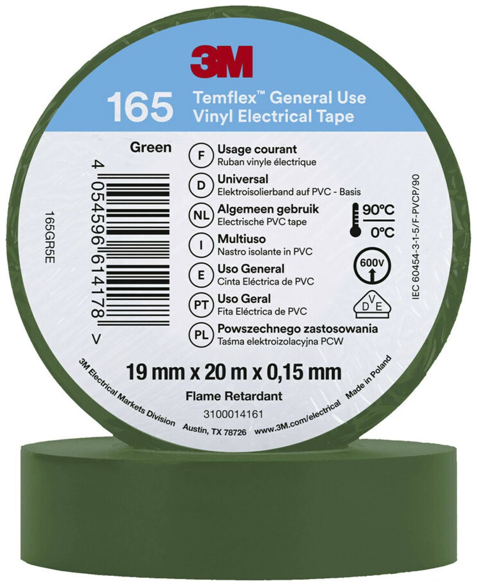 Ruban isolant 3M Temflex 165 19mm×20m×0.15mm vert VDE 600V 0…90°C