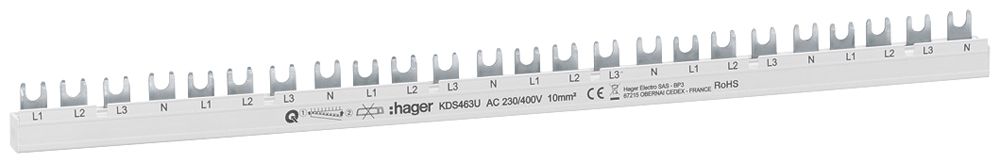 Kammschiene Hager quickconnect 4P 3L Gabel 10mm² 63A 466×7mm weiss