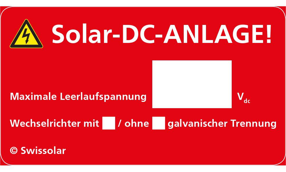 Adesivo Swissolar "Impianto solare DC" tedesco