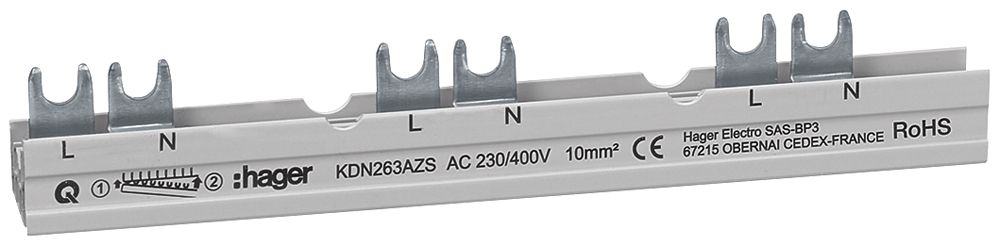 Gabel-Phasenschiene Hager 2P 10mm² für ARFxxxD mit Hilfsschalter 10 Module