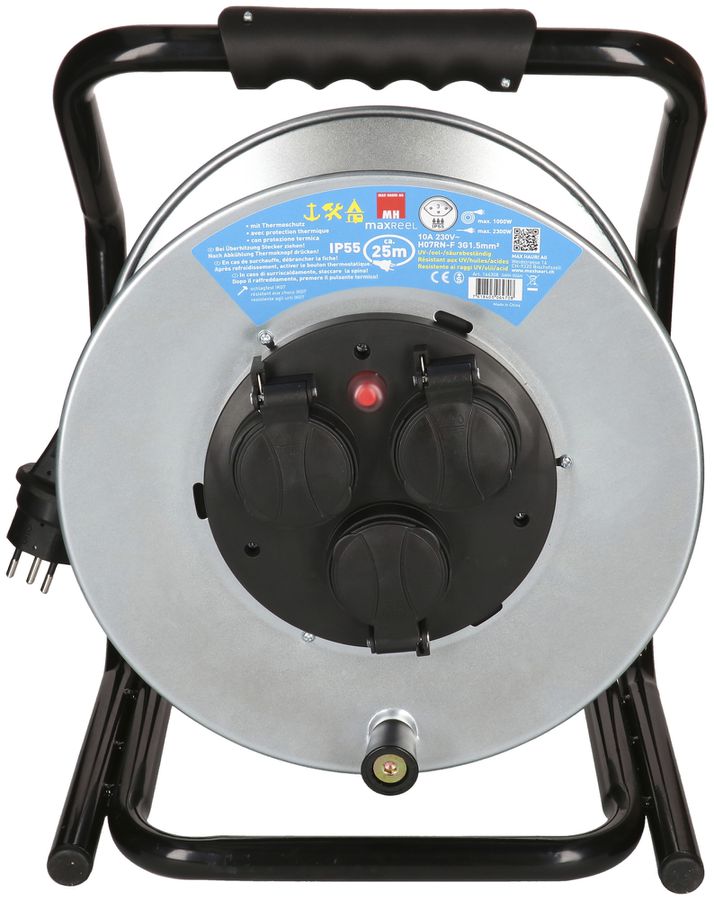 Enrouleur de câble MAX HAURI acier 230V 10A 3×T13 25m 3×1.5mm² IP55 argent