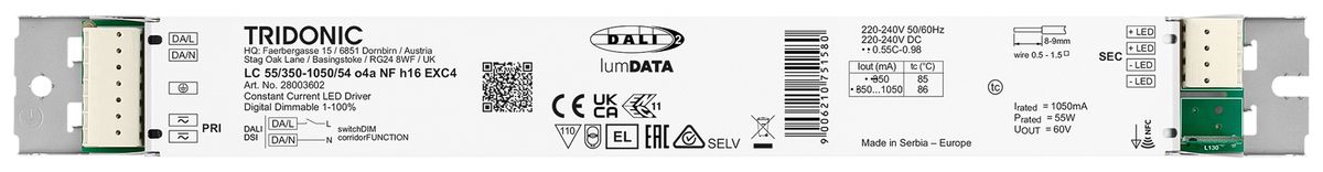 Alimentation LED Tridonic LC 5.25…55W 60V 350…1050mA DALI DSI VAR 280×30×16mm