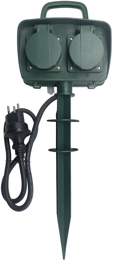Gartensteckdose 4×T13, 230V 10A, Kabel 5m, Stecker T13, IP55, Erdspiess, grün