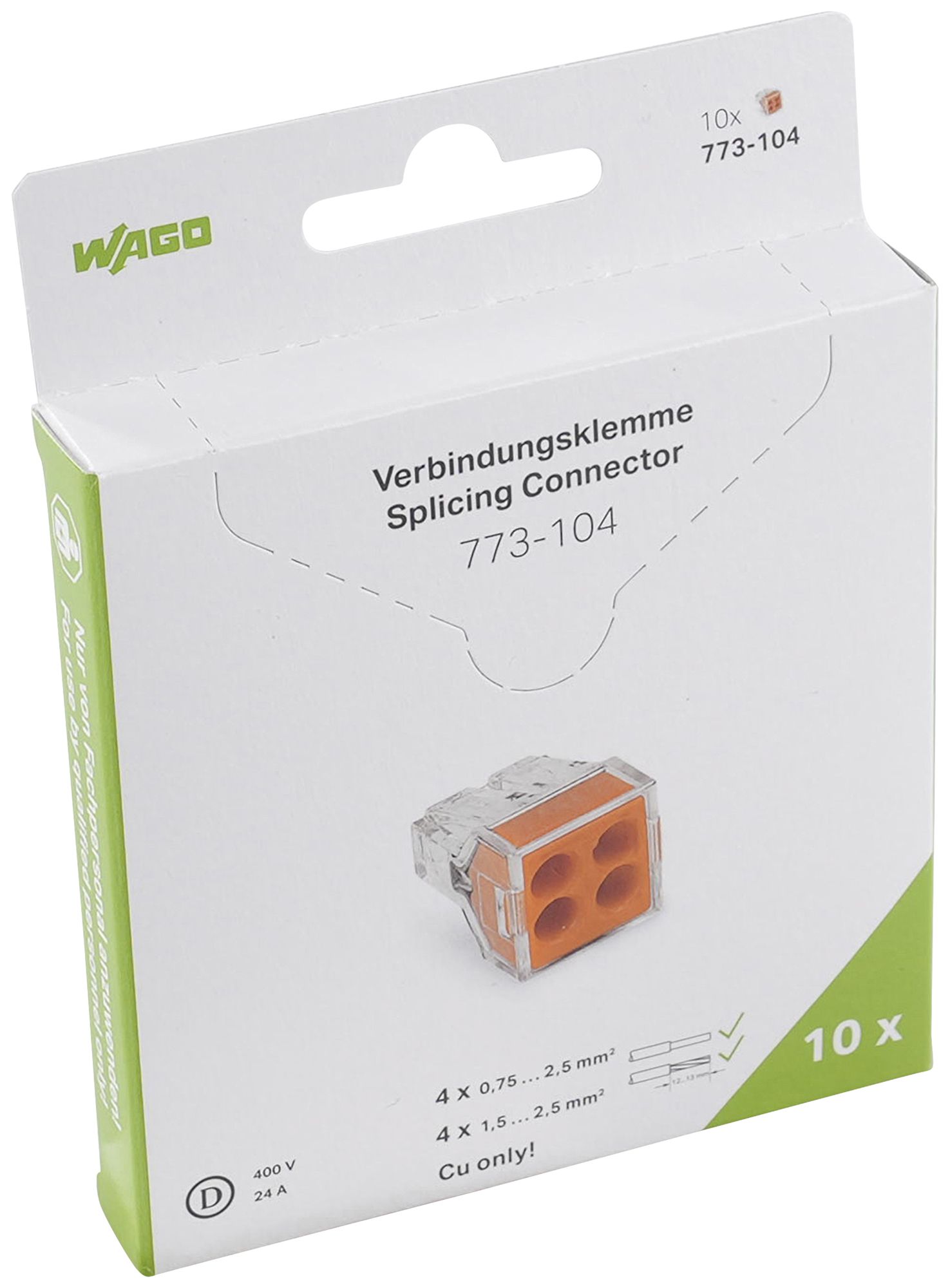 Borne de connexion WAGO 773-104 en blister 10 pièces 4L 0.75…2.5mm² 24A 450V