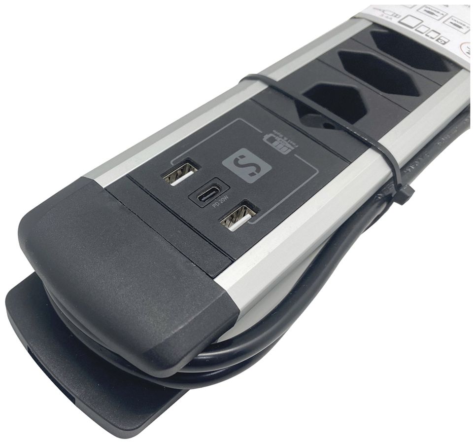 Presa multipla ALU 8×T13 2×USB-A/1×USB-C 2m 3×1mm² interruttore nero/alluminio