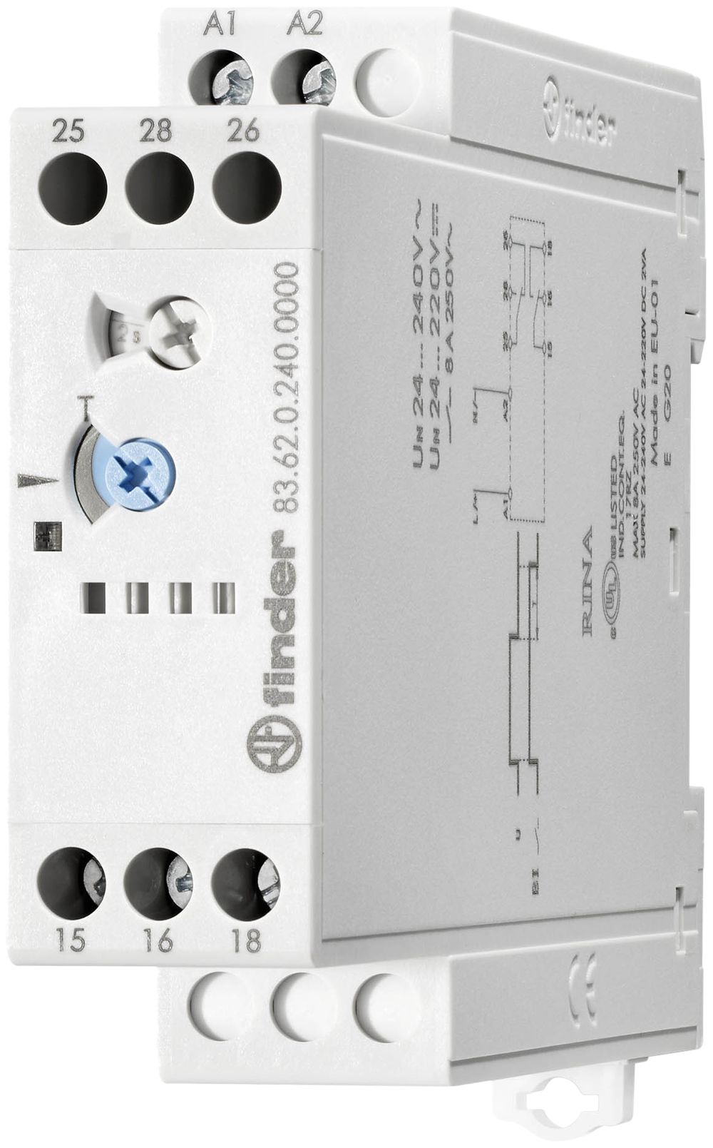 Relais temporisé INC Finder 83.62, 2C 8A 24…240VAC/DC déclenchement retardé 180s