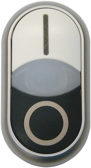 Bouton-poussoir double ETN RMQ plat I/O blanc/noir, anneau chromé