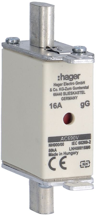 Fusible HPC Hager DIN000 690VAC 16A gG/gL avertisseur double inoxydable
