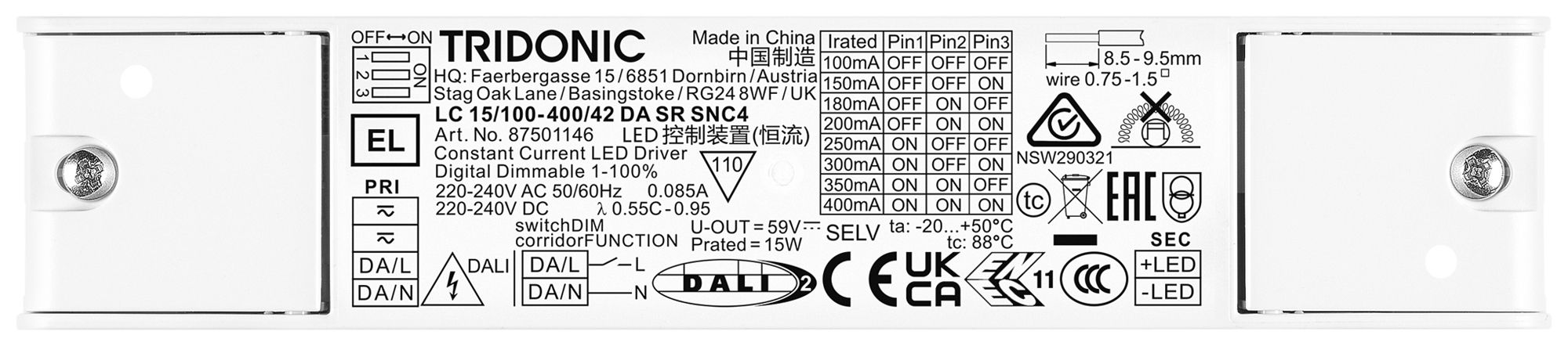 Alimentation LED Tridonic LC SNC4 1…15W 59V 100…400mA DALI2 144×30×21mm
